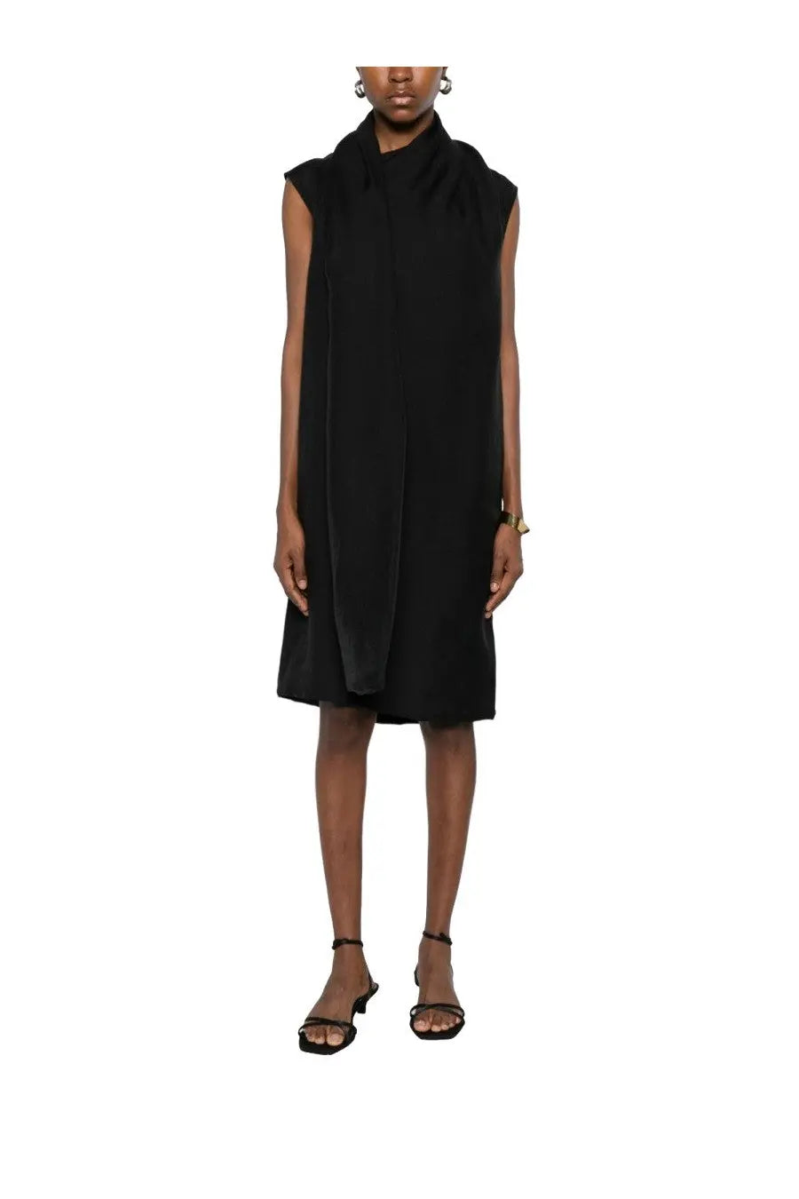 Toteme women’s black midi dress with sleeveless design, draped high neck collar, and flowing fabric in scarf style