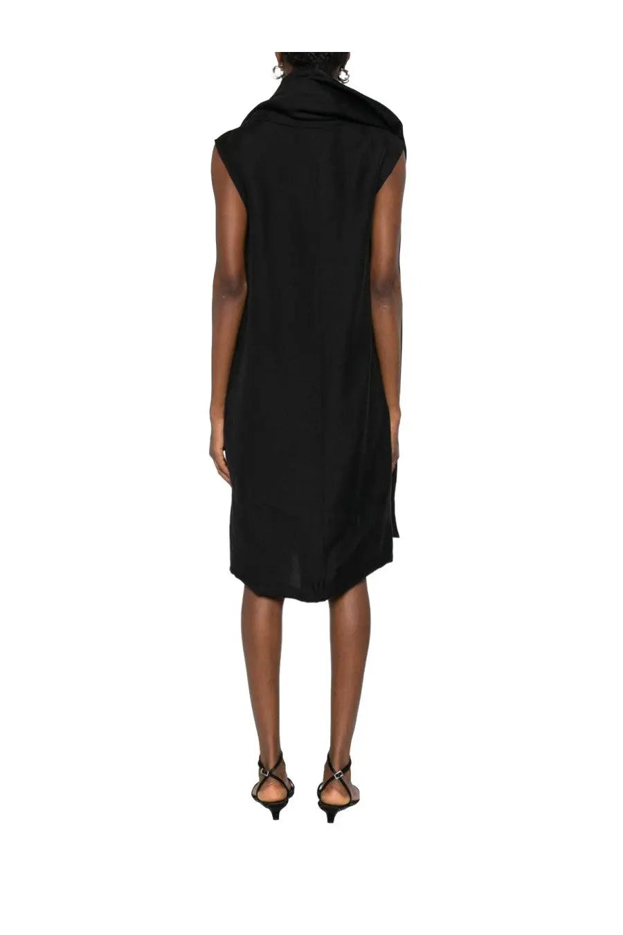 Toteme women’s black sleeveless midi dress with high draped neckline and asymmetrical hemline in scarf fabric