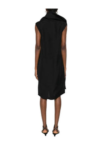 Toteme women’s black sleeveless midi dress with high draped neckline and asymmetrical hemline in scarf fabric