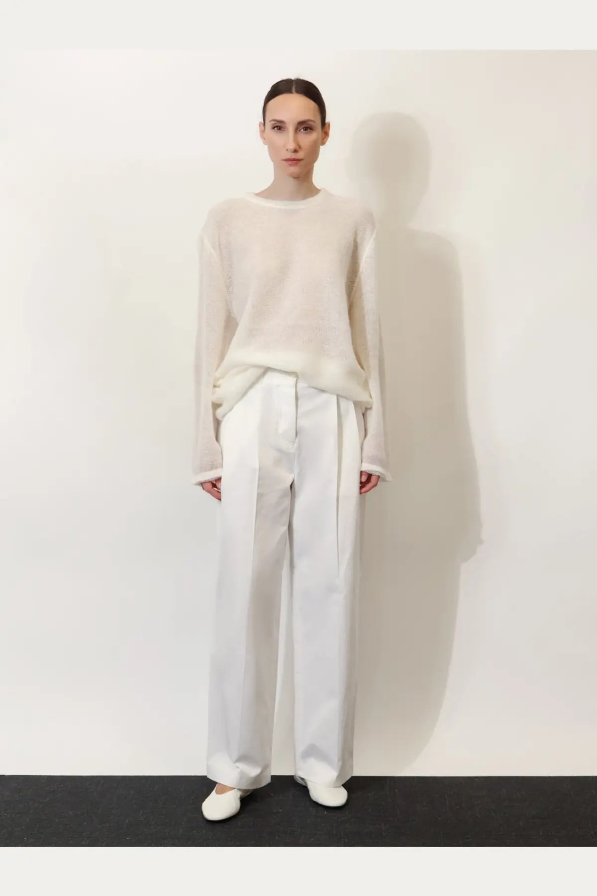 Toteme women’s white mohair and wool blend minimalist knit sweater with long sleeves and relaxed fit