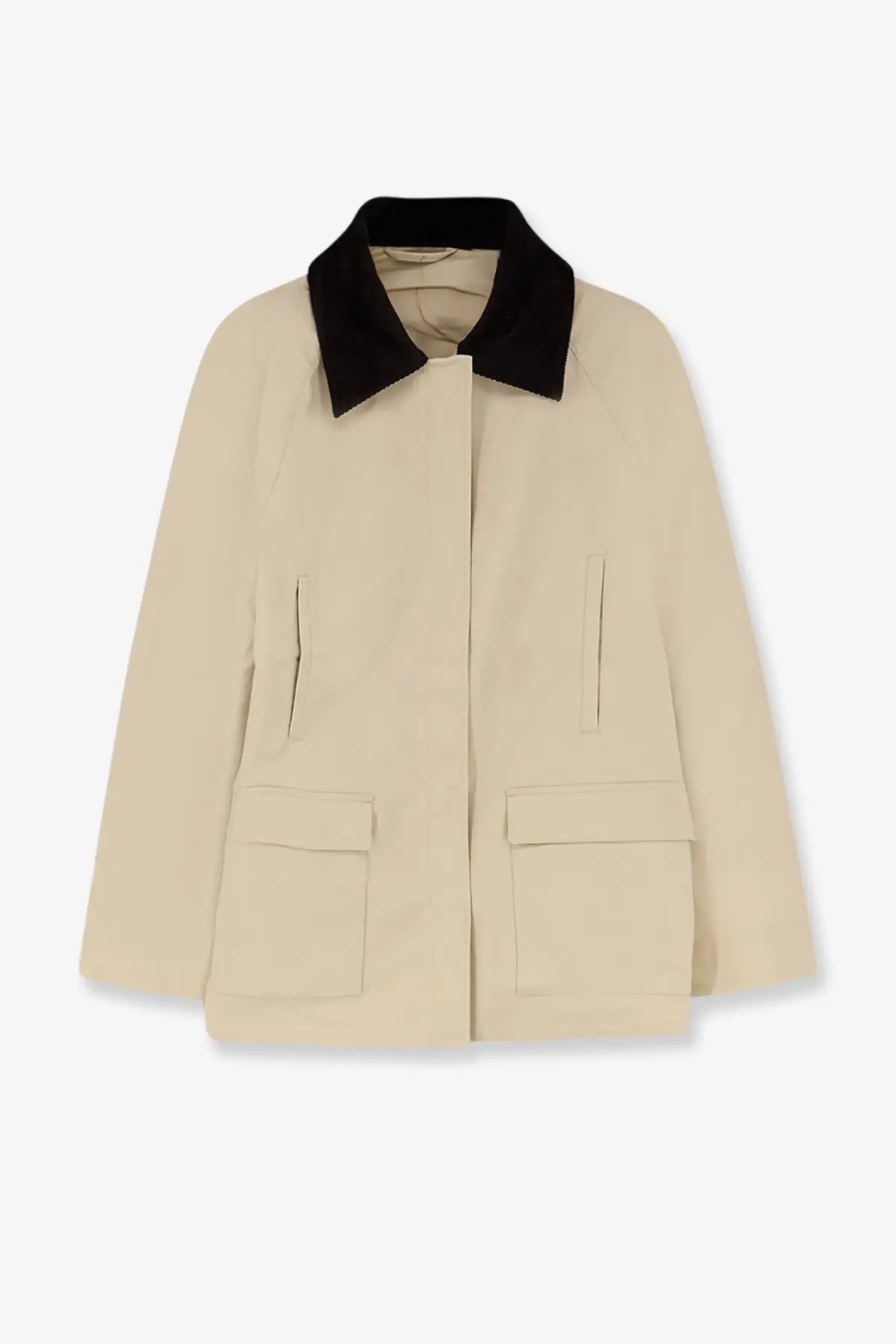 Toteme women’s organic cotton beige trench coat with black velvet collar and two front patch pockets