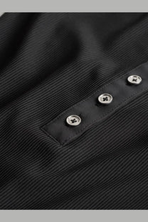 Toteme women’s black corduroy one piece swimsuit with silver clover design buttons on the front