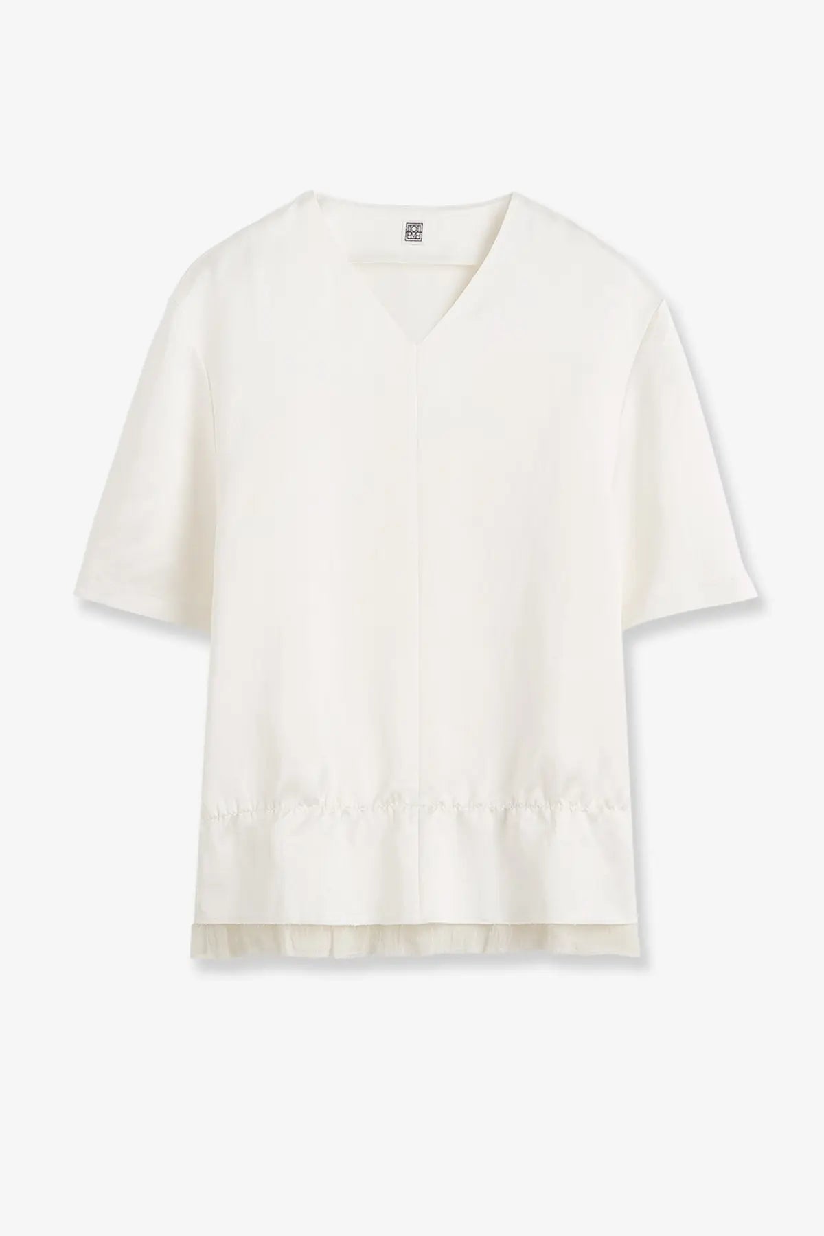 Toteme women’s off-white satin pullover top with v-neck short sleeves and ruffled hem with vertical seam detail