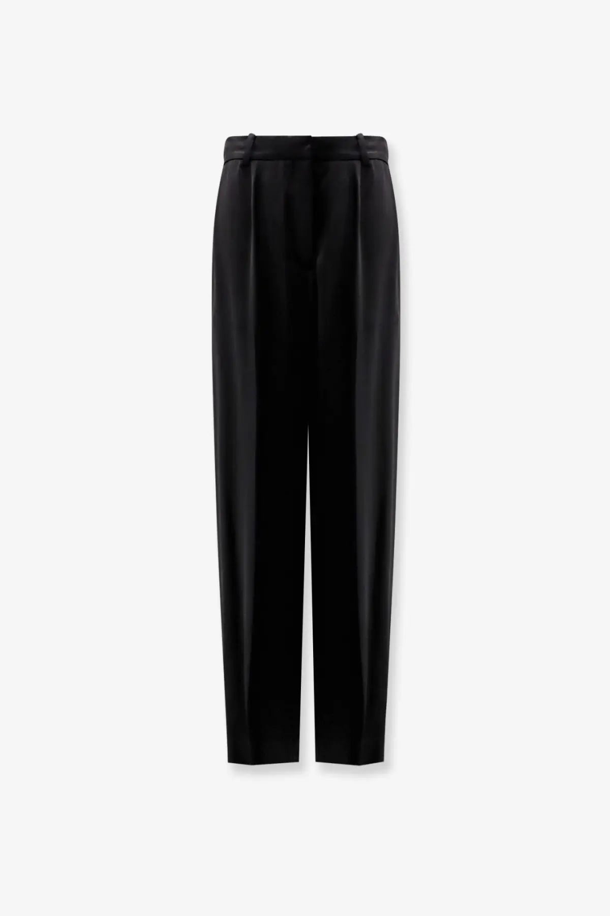 Toteme women’s black high-waisted satin trousers with a sleek finish and subtle pleats at the waistband