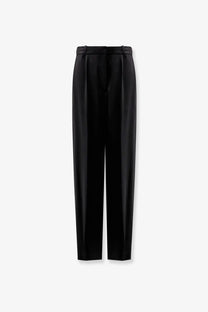 Toteme women’s black high-waisted satin trousers with a sleek finish and subtle pleats at the waistband