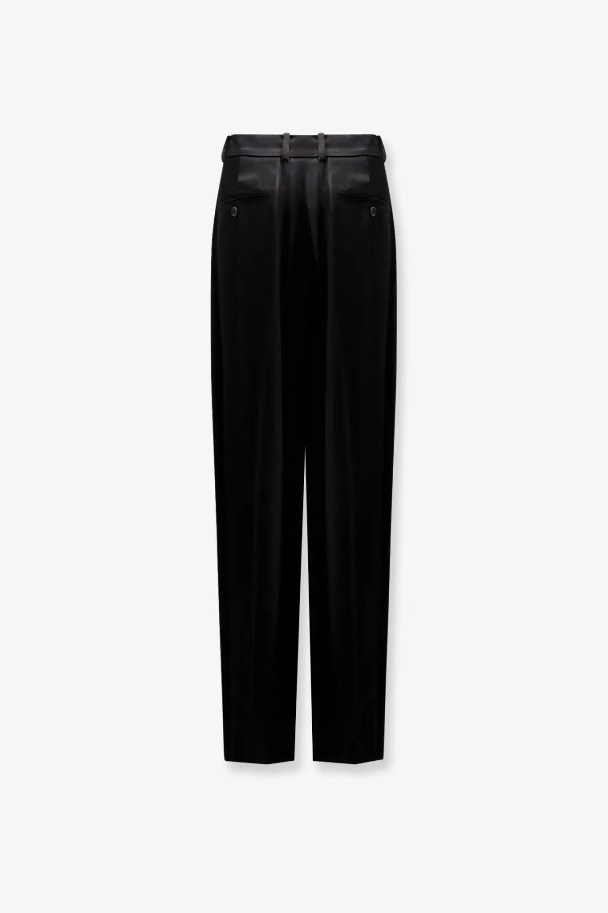 Toteme women’s black satin trousers with a sleek high-waisted design and subtle front pleats