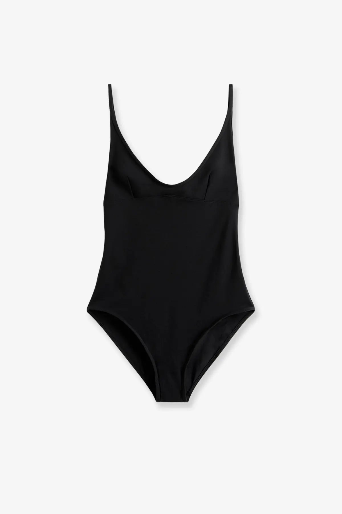 Toteme women’s black nylon one-piece swimsuit with thin spaghetti straps and deep v-neckline