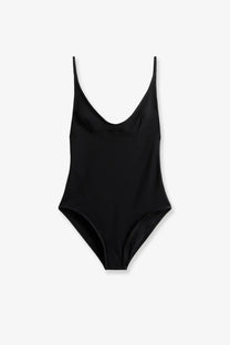 Toteme women’s black nylon one-piece swimsuit with thin spaghetti straps and deep v-neckline