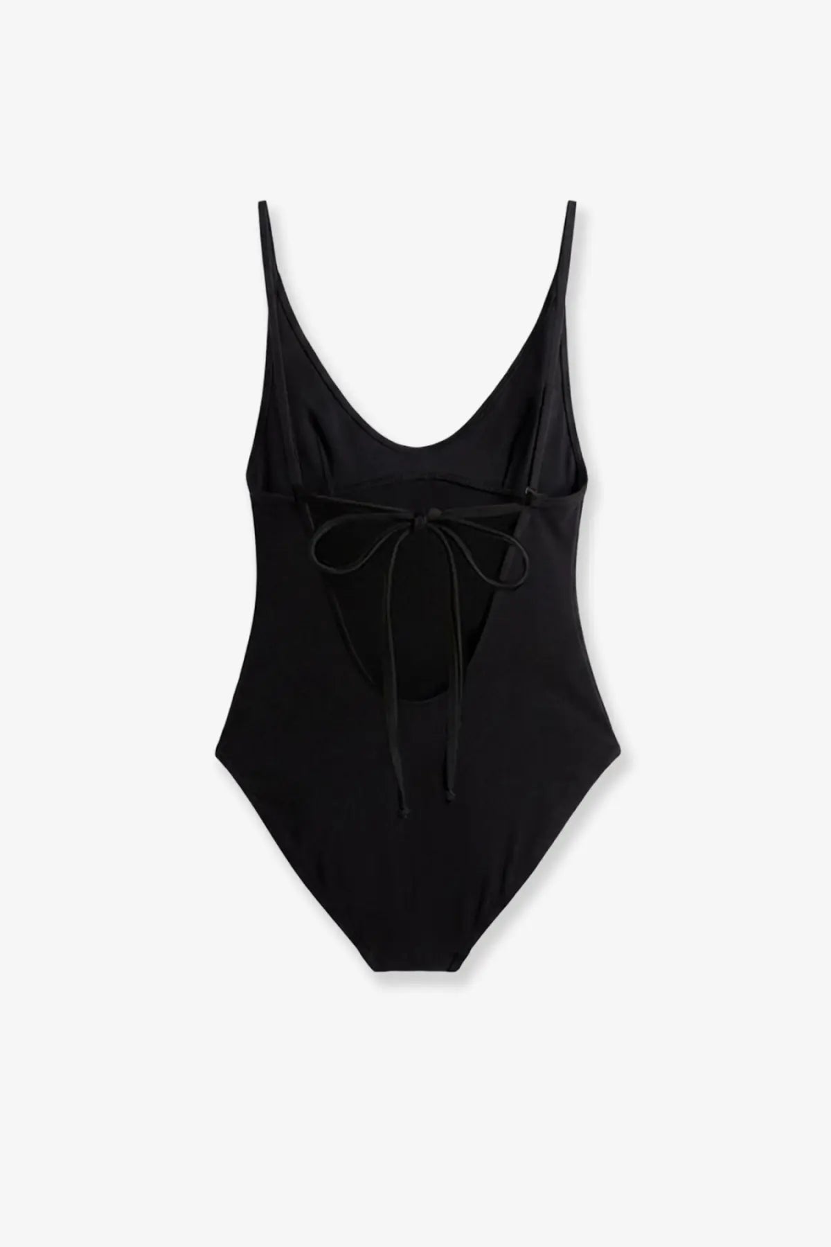 Toteme women’s black nylon one piece swimsuit with thin straps and a tied bow at the back shown from the back side