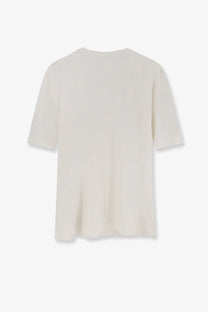 Toteme women’s silk and cotton blend shirt in cream color with lightweight breathable fabric and relaxed fit short sleeves
