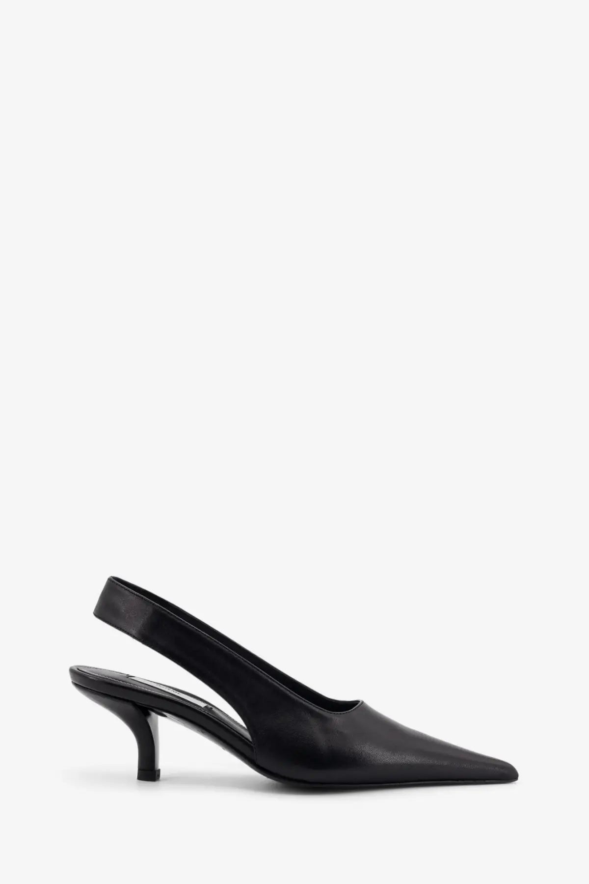Toteme women’s black leather slingback pump with pointed toe, slender heel, and croc effect finish