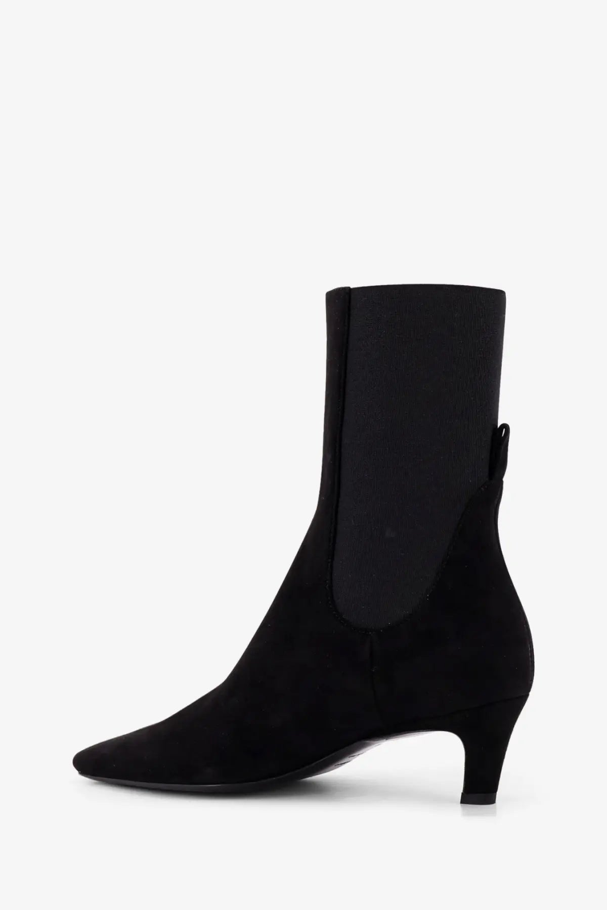 Toteme women’s black suede ankle boot with sleek pointed toe and low block heel