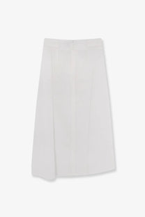 Toteme women’s white cotton and linen pleated midi skirt with tie waist, structured silhouette, and subtle front slit