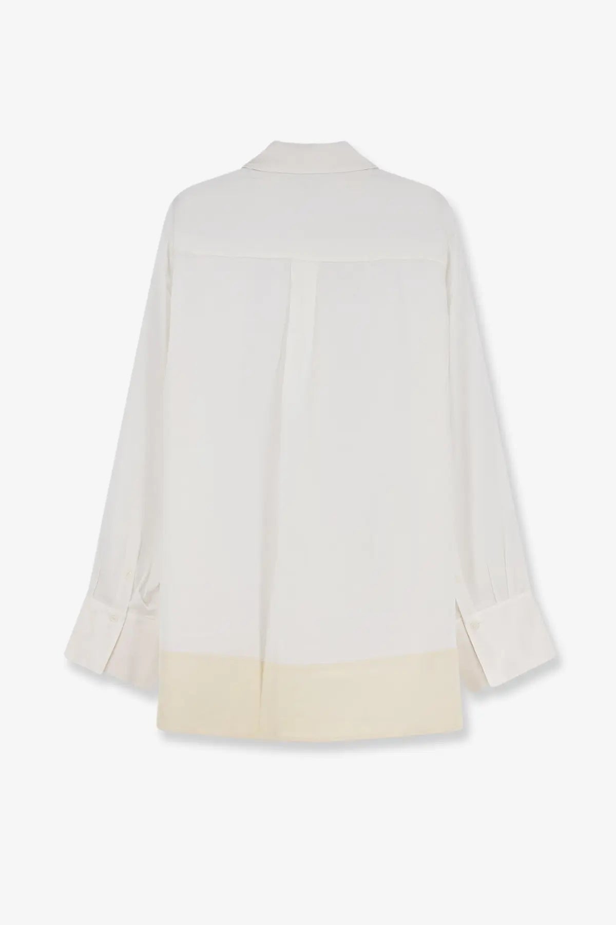 Cream-colored toteme women’s tuxedo satin viscose shirt with subtle contrast hem and elegant flowing silhouette