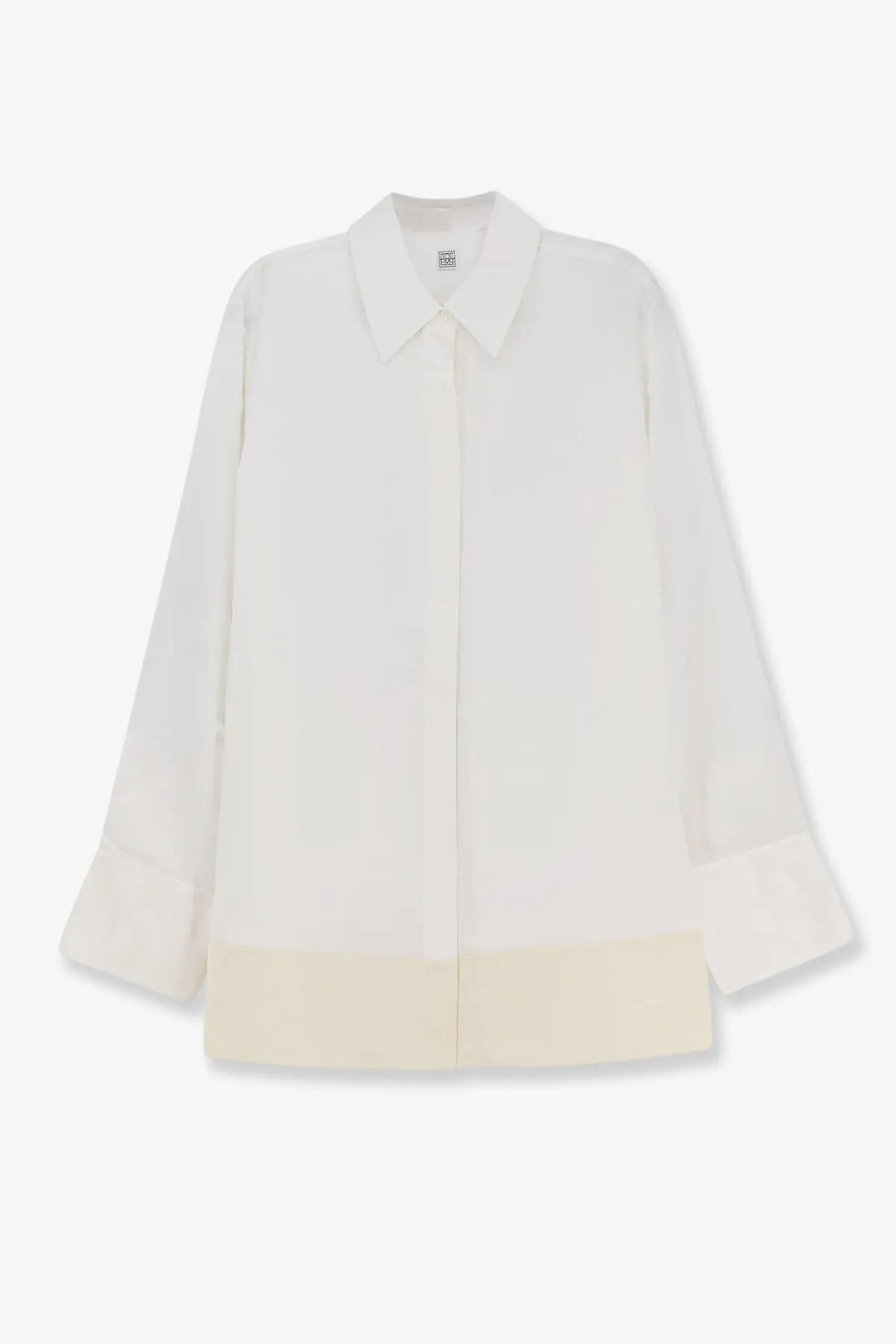 Toteme women’s tuxedo satin viscose white shirt with minimalist design and cream-colored hem and cuffs in lightweight fabric