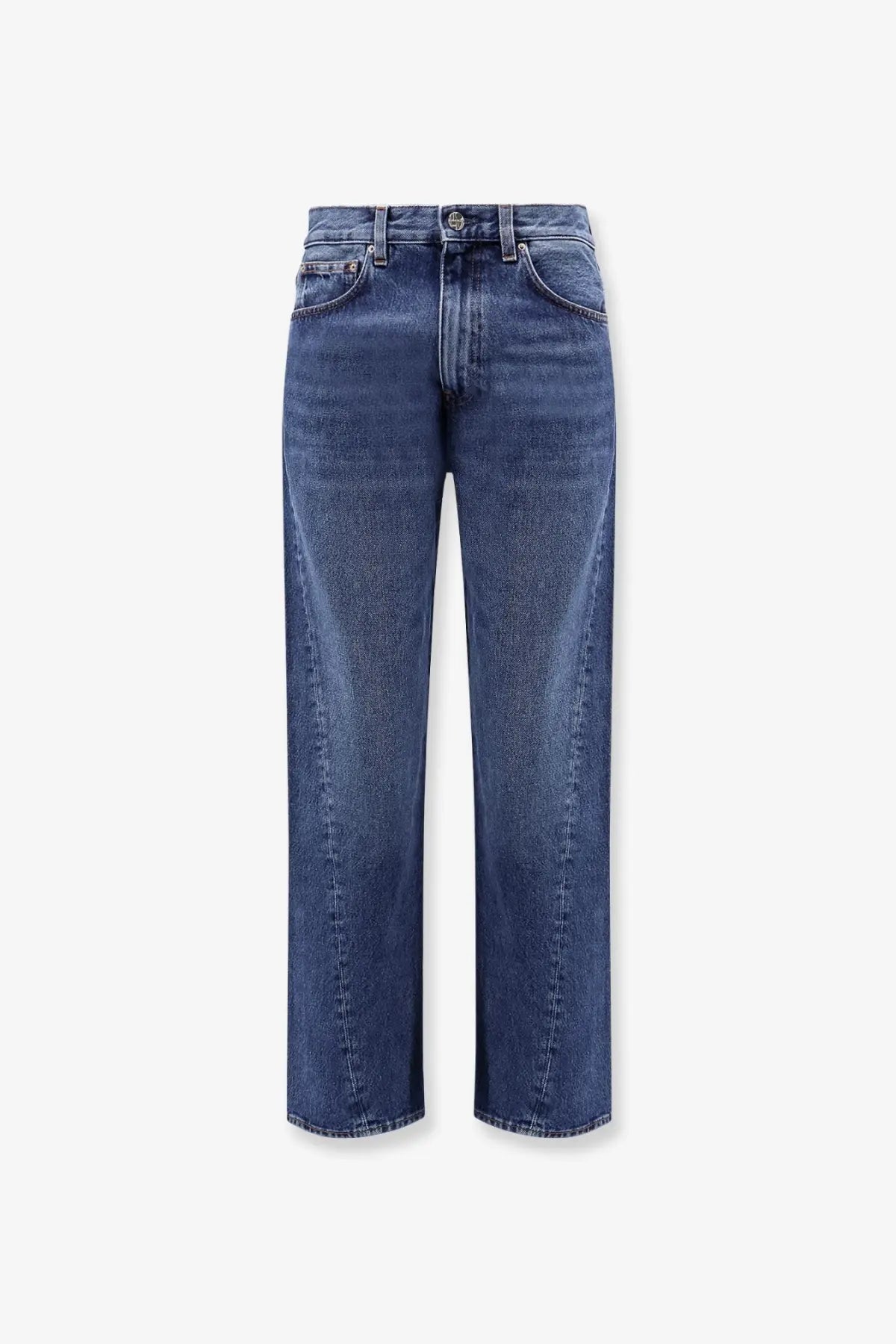Toteme women’s blue mid-wash denim jeans with straight-leg cut and classic five-pocket design
