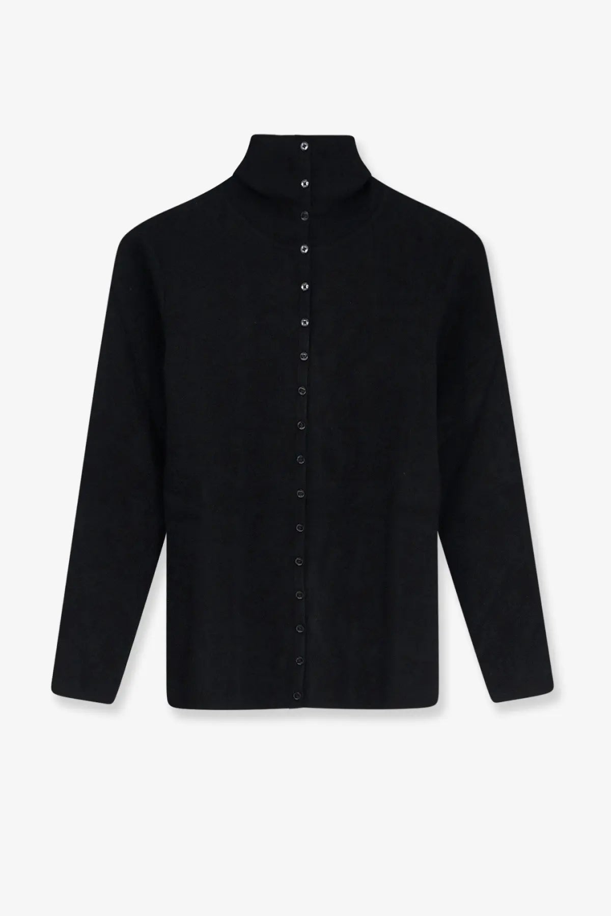 Toteme women’s black viscose blend cardigan with a sleek high-neck button-up design and subtle texture