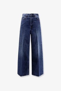 Dark blue wide-leg organic cotton jeans with high waist and classic five-pocket design by Toteme women’s collection