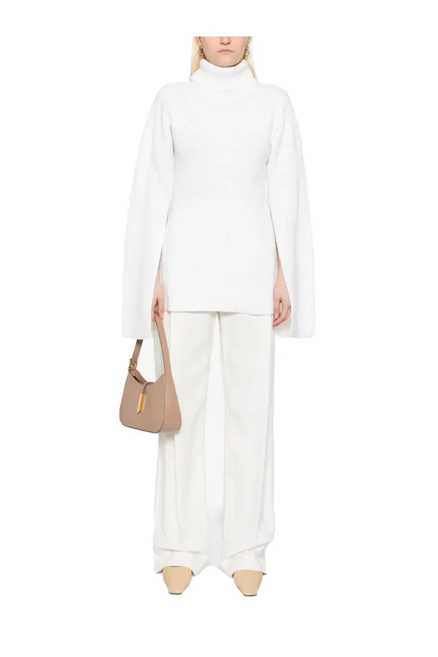 Beige leather handbag with gold-tone clasp and top handle paired with Toteme womens wool jersey pink garment