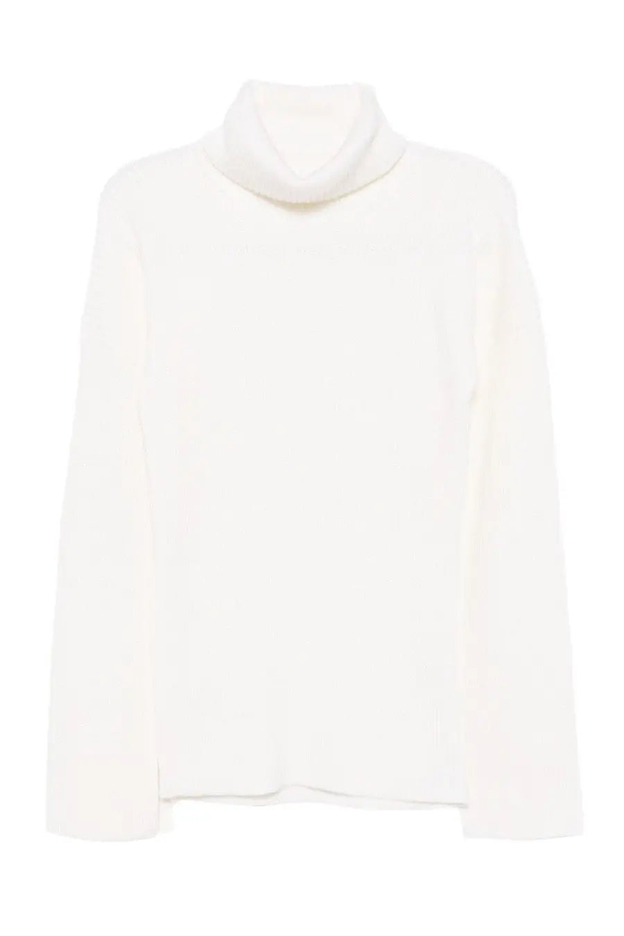 Toteme women’s wool jersey soft off-white turtleneck sweater with smooth knit texture and long sleeves