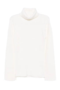 Toteme women’s wool jersey soft off-white turtleneck sweater with smooth knit texture and long sleeves