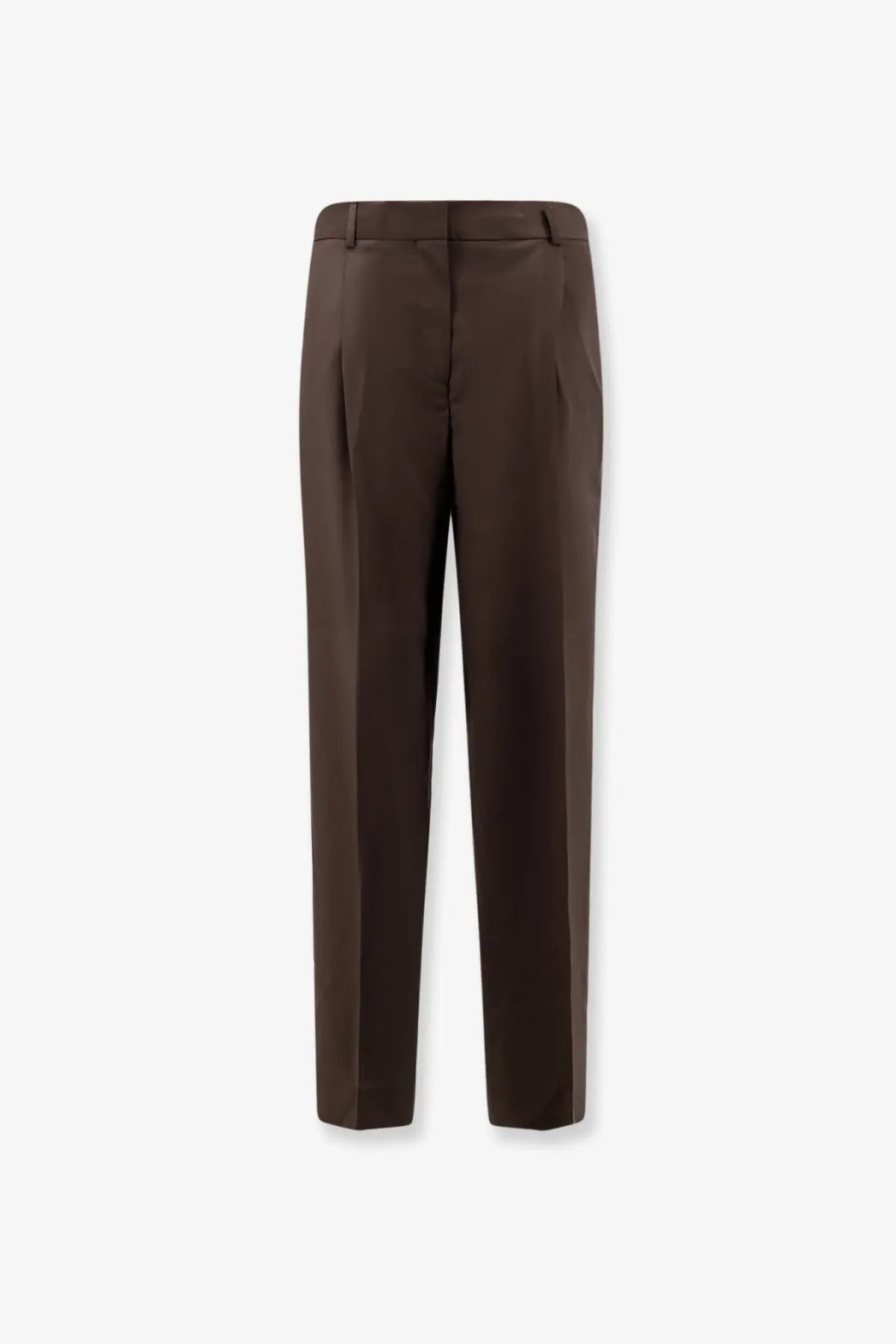 Toteme women’s wool trousers grey with a sleek straight-leg cut and subtle pleats at the waistband in brown