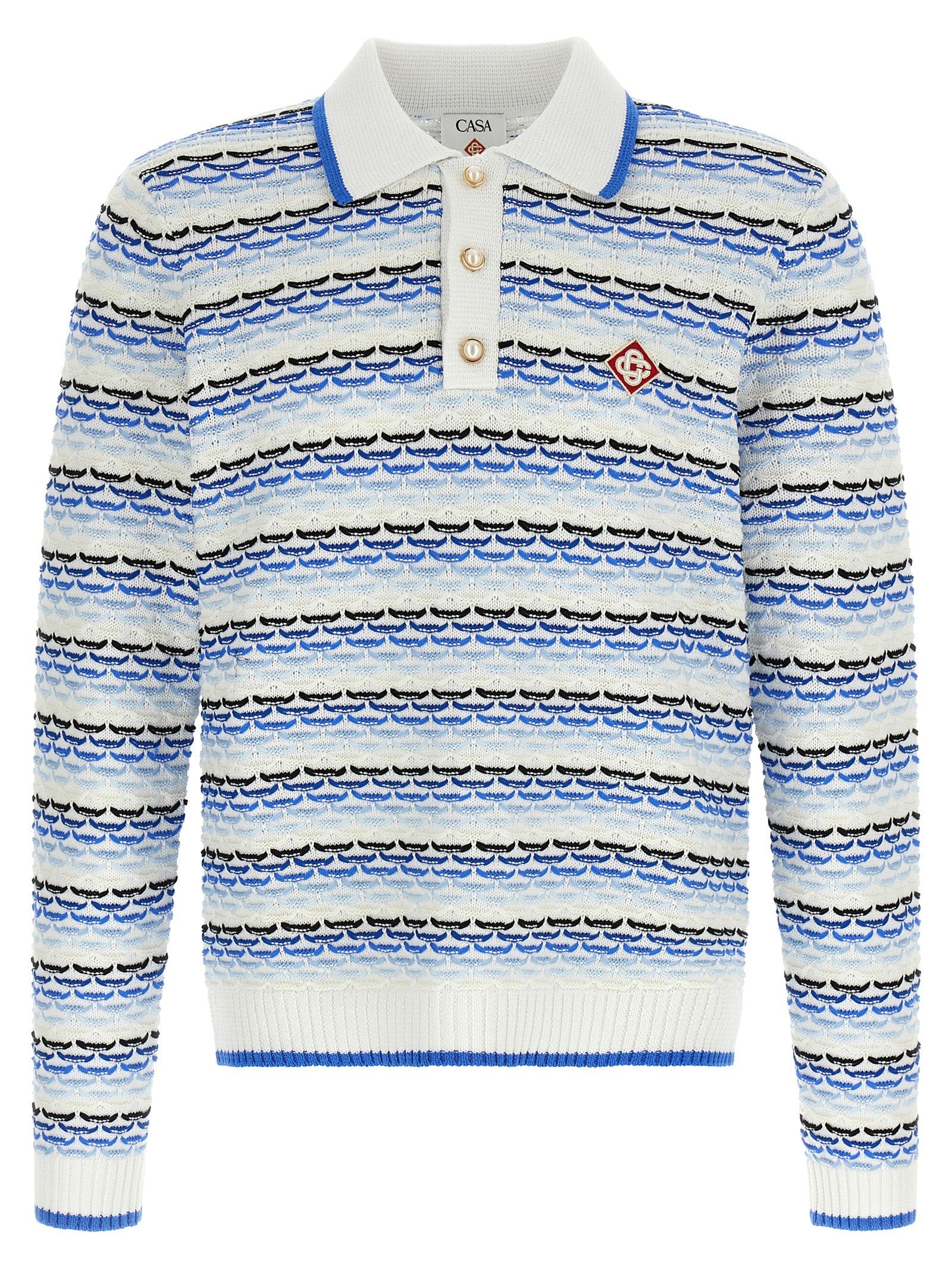 Casablanca Tuck Stitch Long Sleeve Polo Shirt Blue