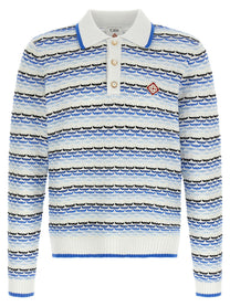 Casablanca Tuck Stitch Long Sleeve Polo Shirt Blue