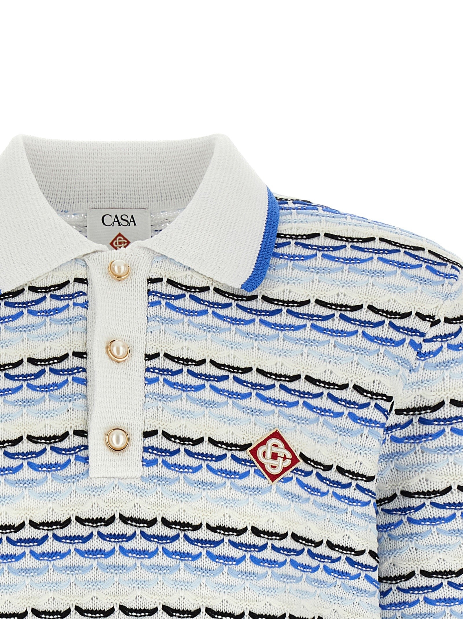 Casablanca Tuck Stitch Long Sleeve Polo Shirt Blue