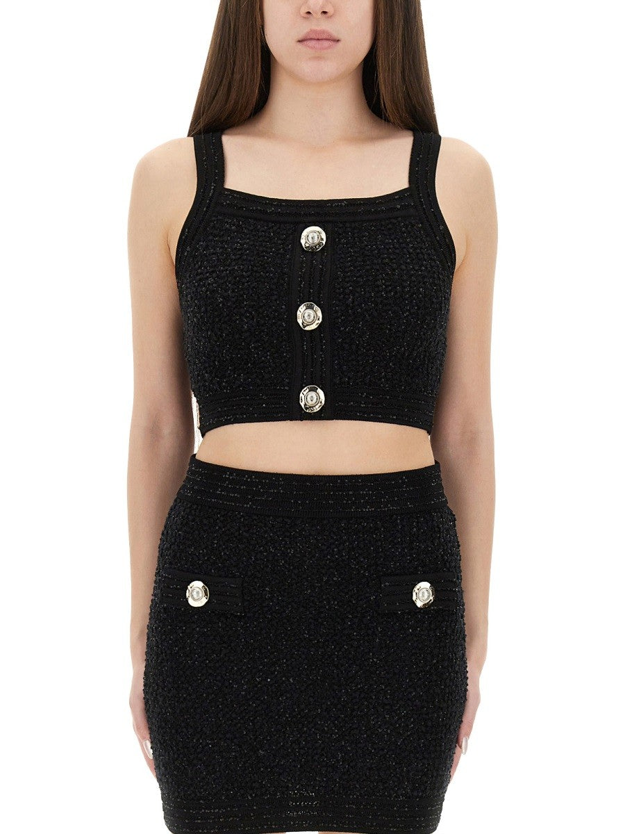 Balmain Women's Tweed Crop Top Black