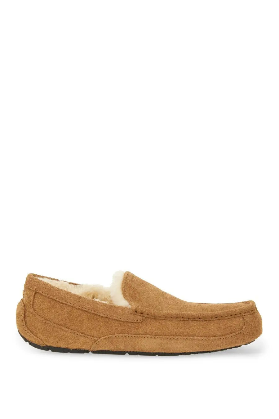Ugg men’s slip on loafer linscot brown tan suede moccasin with plush white shearling lining and black rubber sole