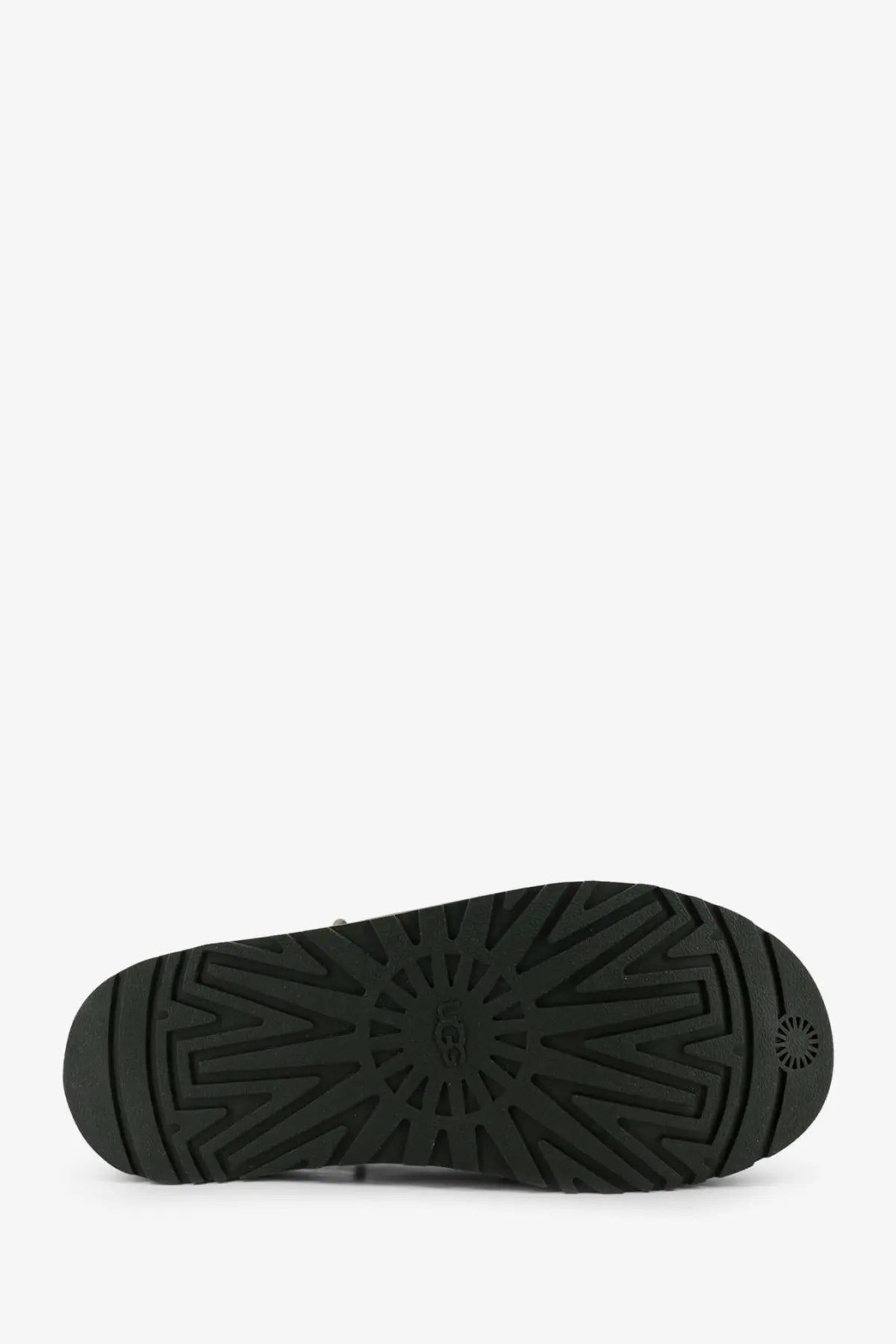 Black rubber sole with distinctive radiating tread and UGG logo on the bottom of UGG men’s green suede sandals