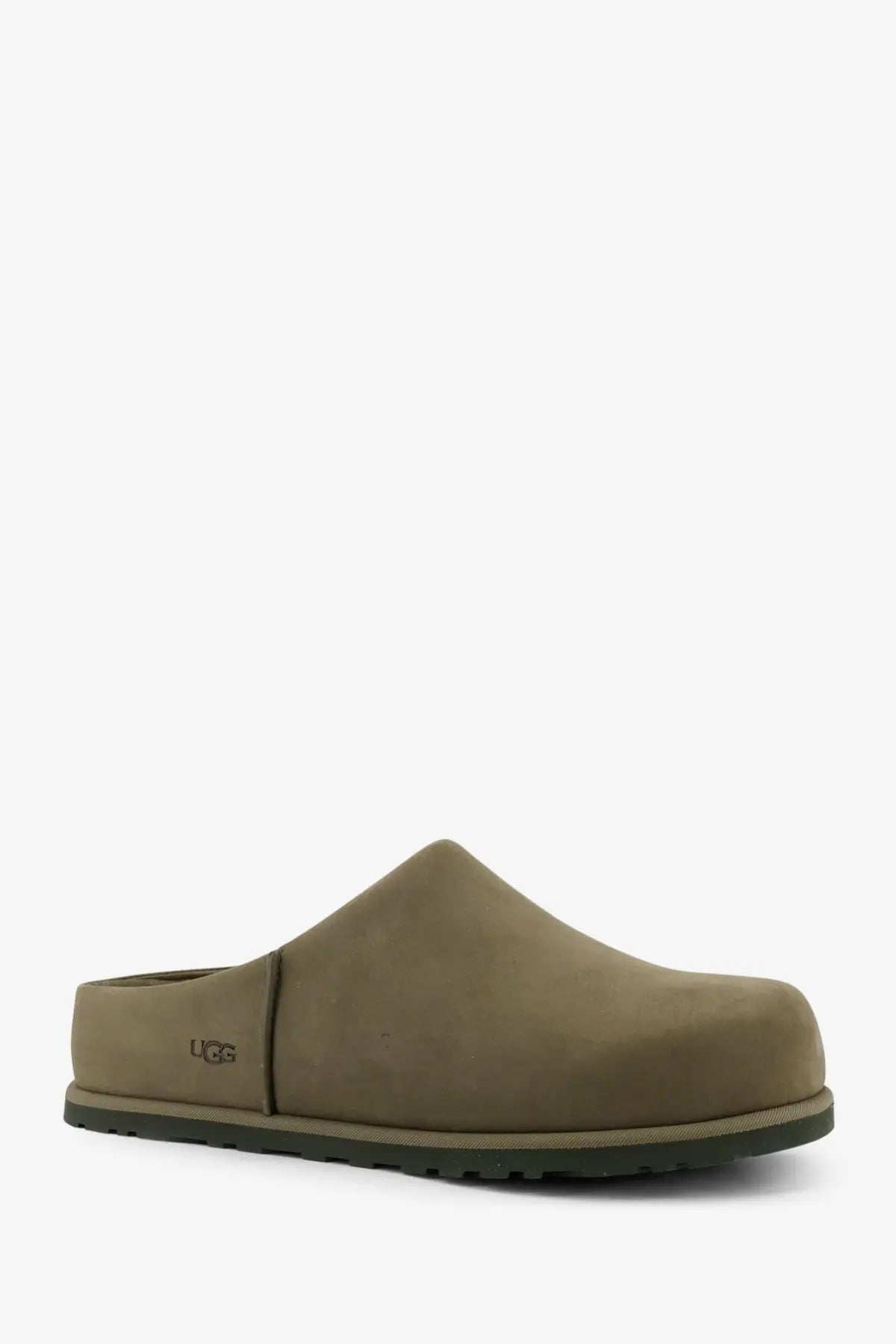 Ugg men’s suede sandals green featuring olive green suede ugg clog with black rubber sole front view