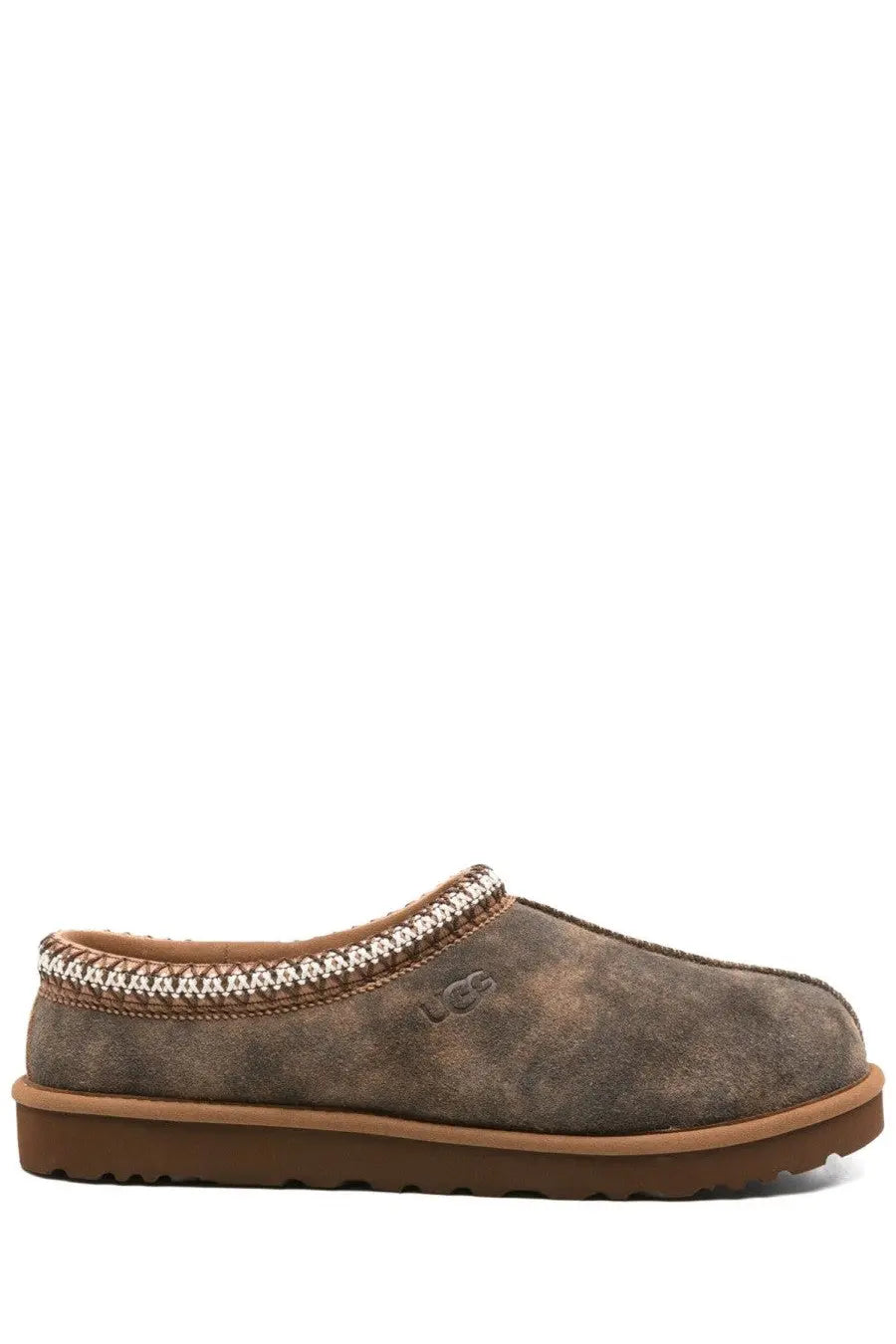 Ugg men’s tasman baxter shoe brown suede slipper with braided trim and rubber sole for indoor and outdoor use