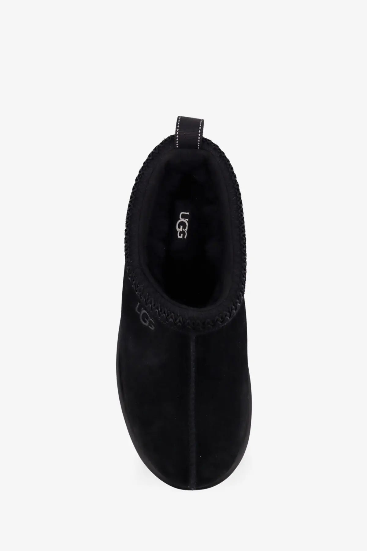 Ugg men’s tasman gtx black suede slip-on boot with plush lining and pull tab shown from the back side