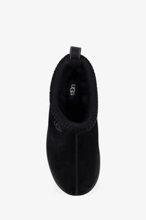 Ugg men’s tasman gtx black suede slip-on boot with plush lining and pull tab shown from the back side
