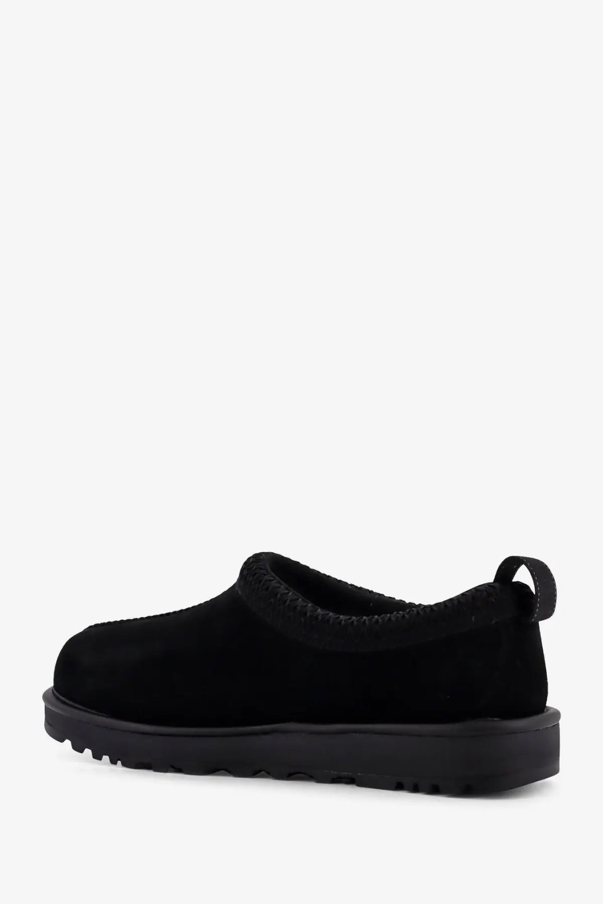 Ugg men’s tasman gtx black suede slip-on shoe with chunky rubber sole and heel pull tab shown from the back