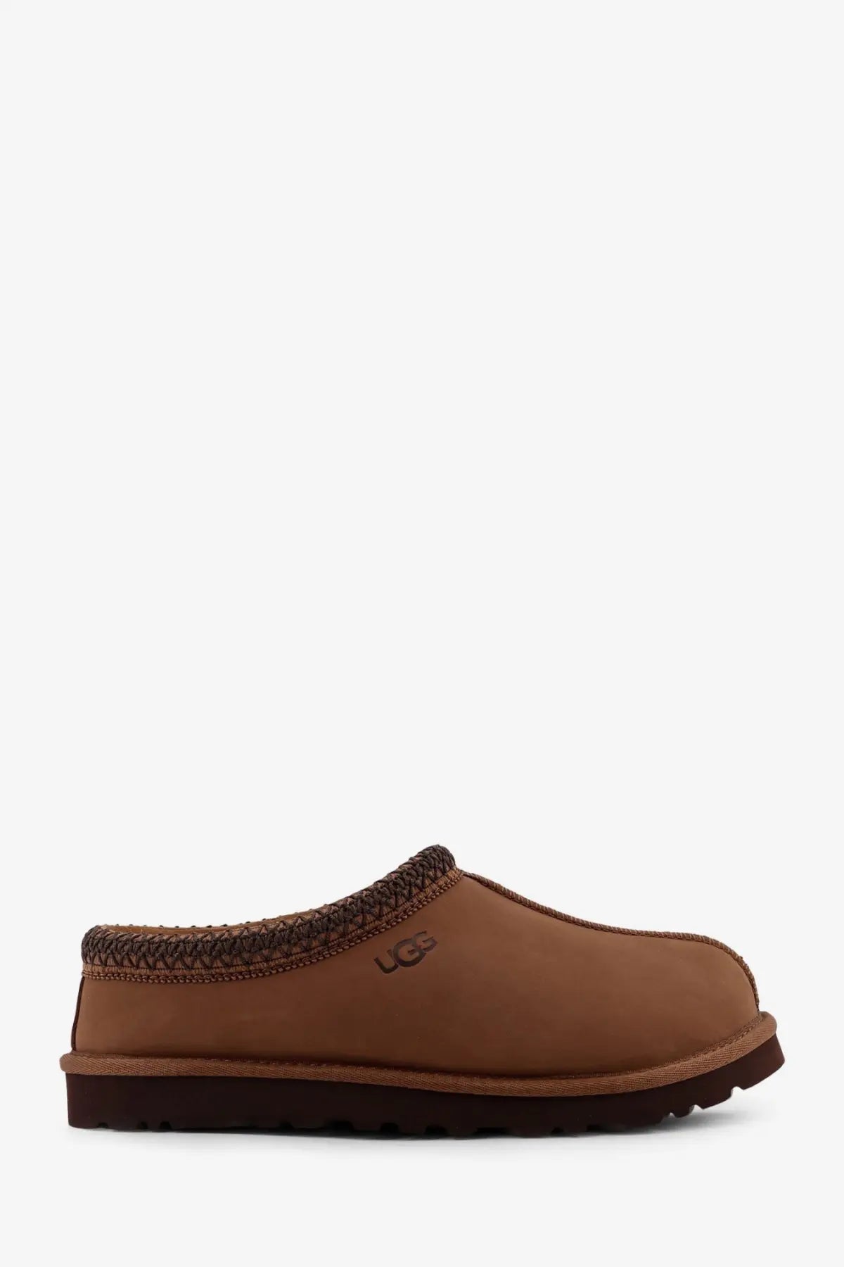 Brown UGG men’s Tasman II slip-on mule with textured knit collar and suede upper designed as comfortable sandals