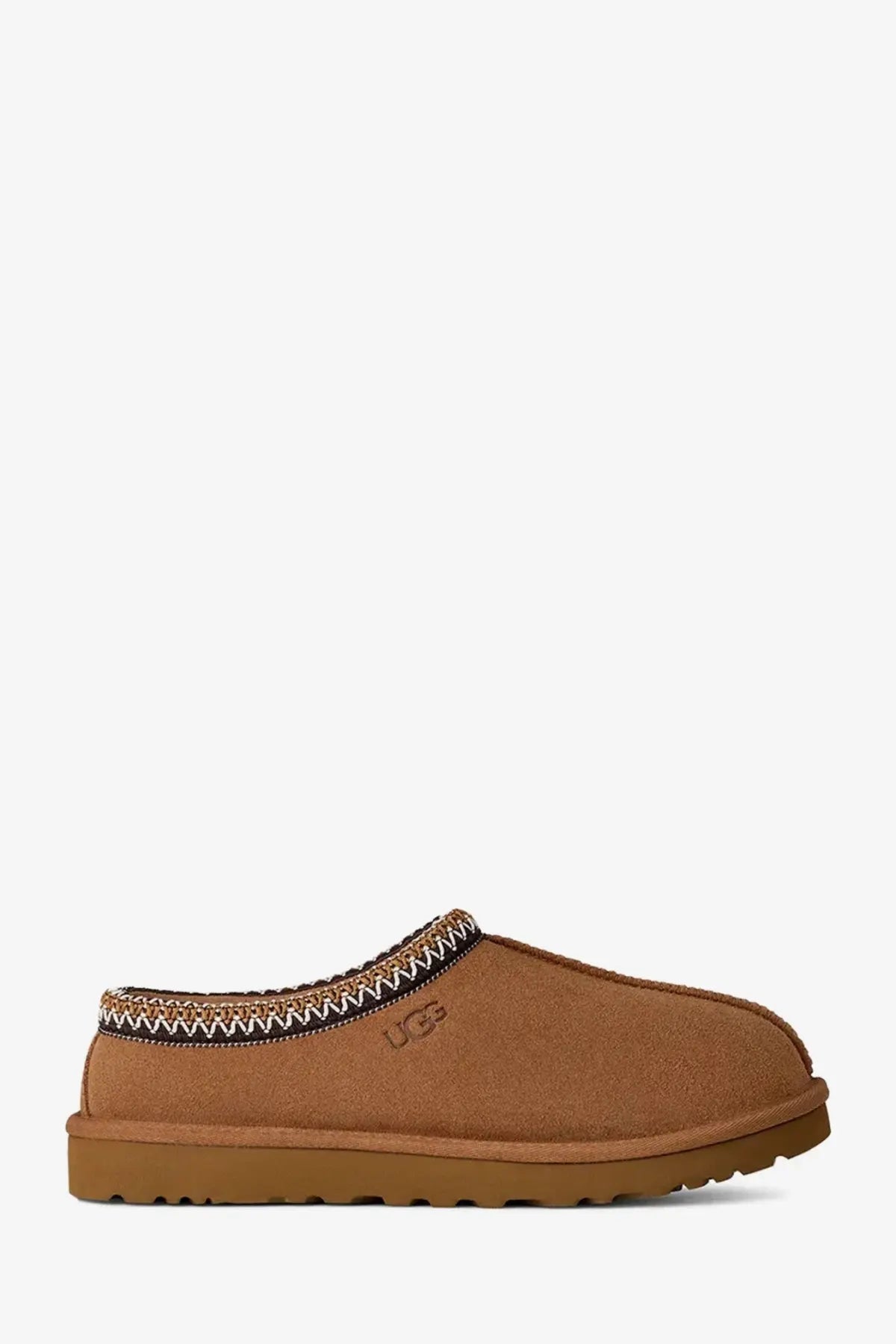Ugg men’s tasman ii brown suede slipper with tan and black zigzag stitch trim along the opening
