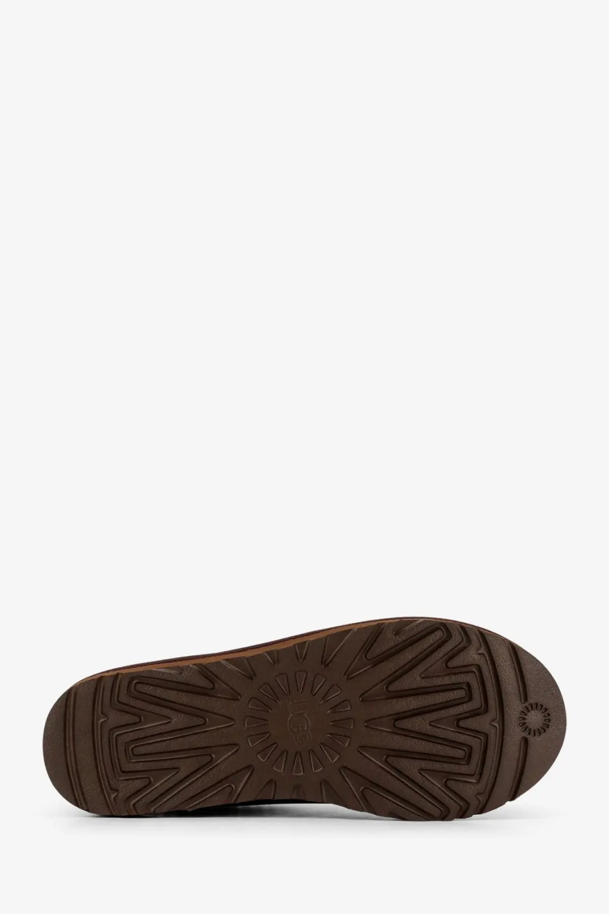 Brown rubber sole with starburst tread pattern and embossed ugg logo on ugg men’s tasman lthr regen leather mule grey