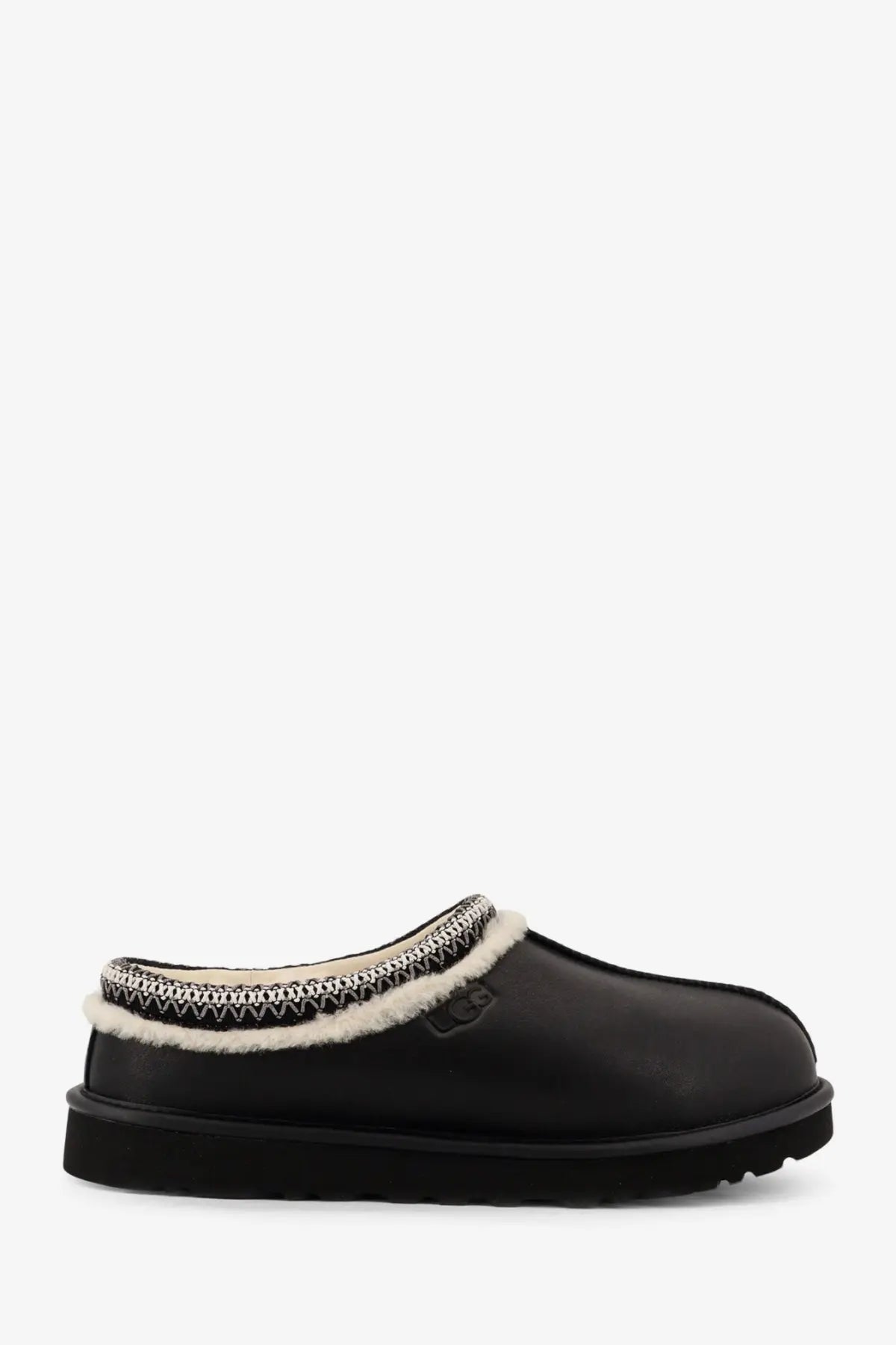 Ugg men’s tasman noir leather slip black mule with plush white shearling lining and decorative zigzag stitching