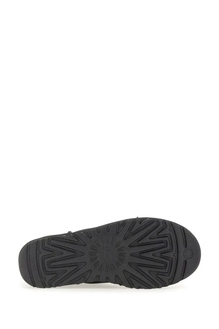 Black rubber sole with geometric tread pattern and embossed ugg logo on ugg women’s boot classic mini black back side