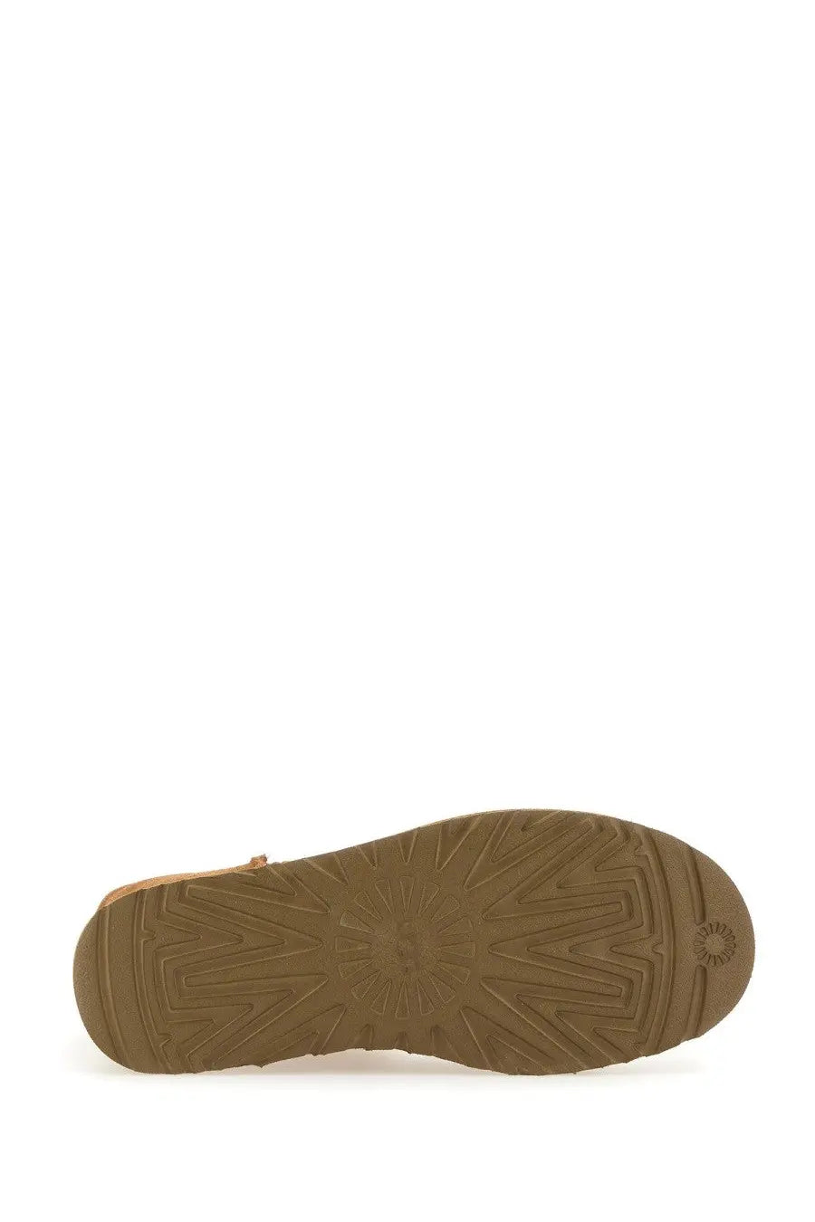 Brown rubber sole with geometric tread pattern and ugg logo embossed near the heel of ugg women’s boot classic mini brown
