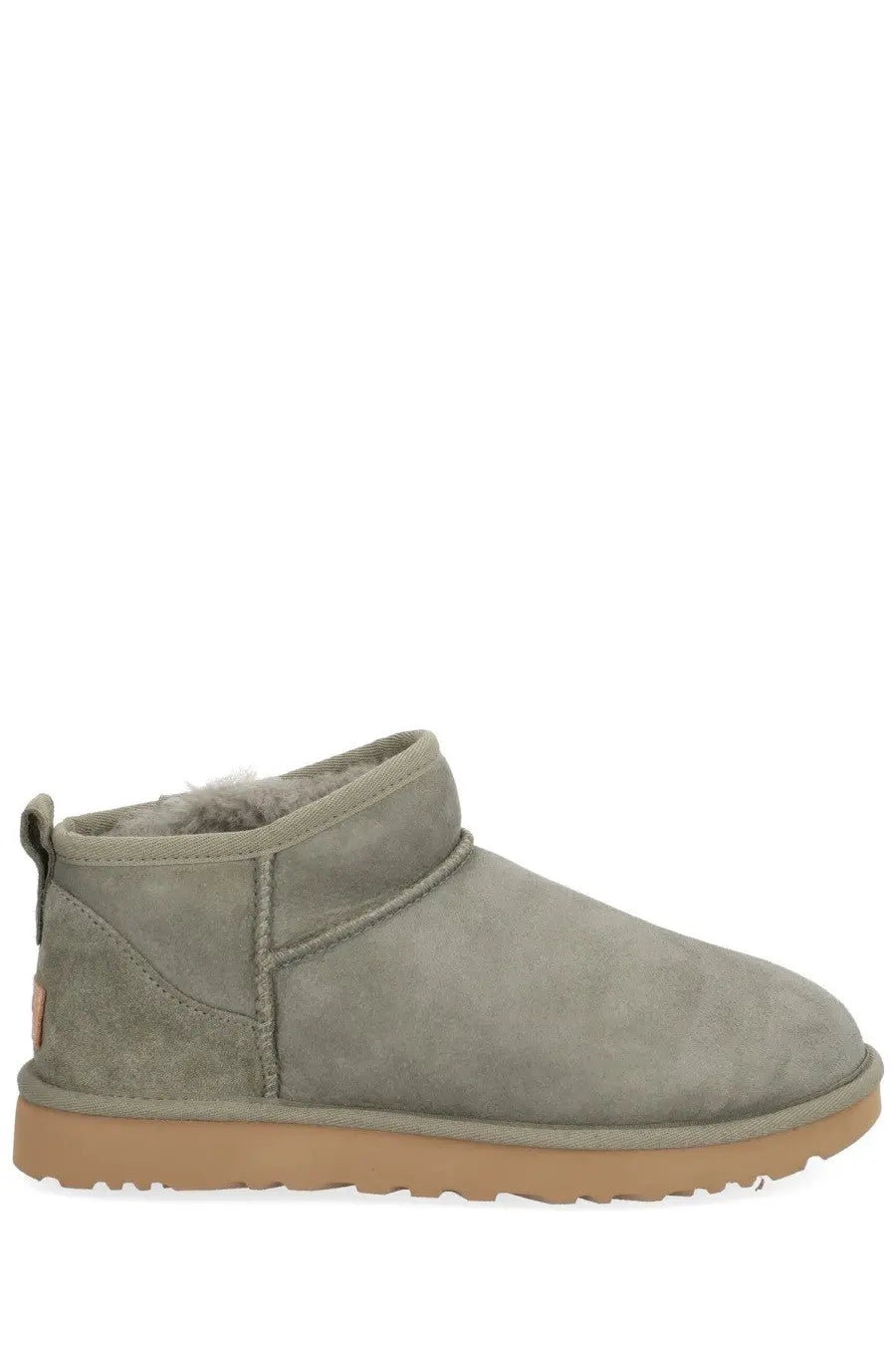 Ugg women’s classic ultra mini green boot in gray suede with plush shearling lining and tan rubber sole