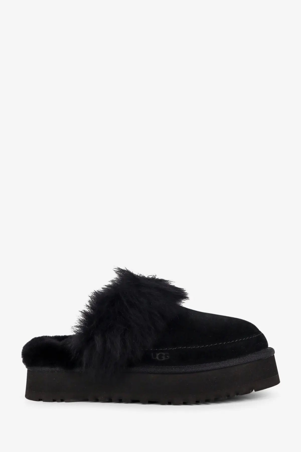 Ugg Women’s Disquette Chalet suede mules in black with plush shearling lining and thick platform sole