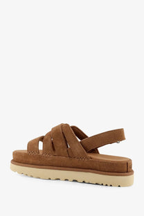 Ugg women’s goldenstar gleam sandal in tan suede with chunky platform sole for stylish casual wear