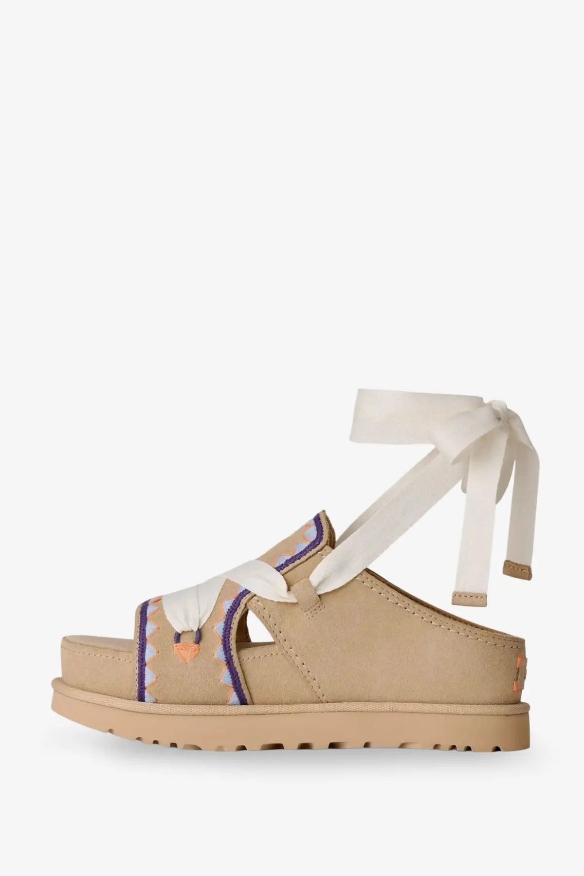 Ugg women’s goldenstar hi artistitch beige suede platform sandal with white ribbon ties and purple embroidery