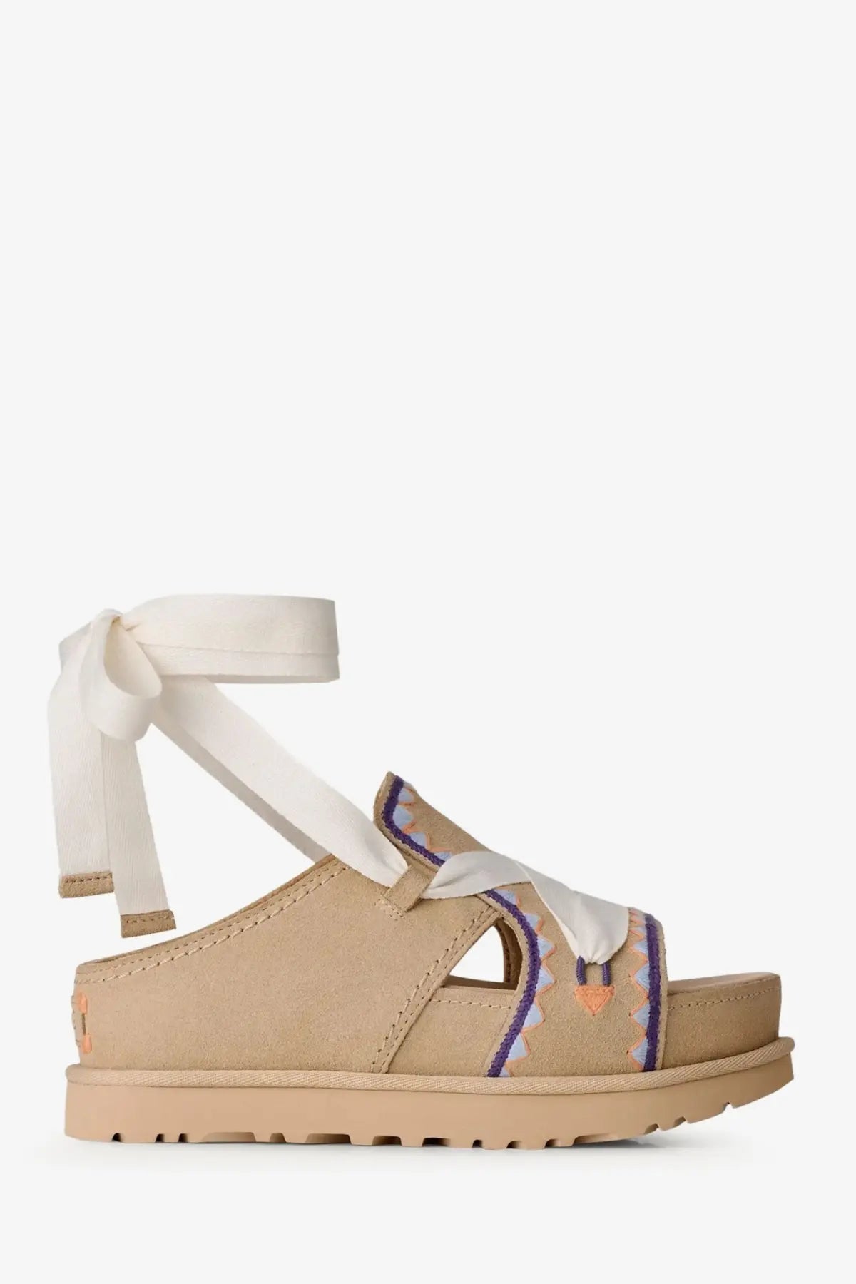 Ugg women’s goldenstar hi artistsitch beige suede platform sandals with white ribbon ankle strap and colorful embroidery