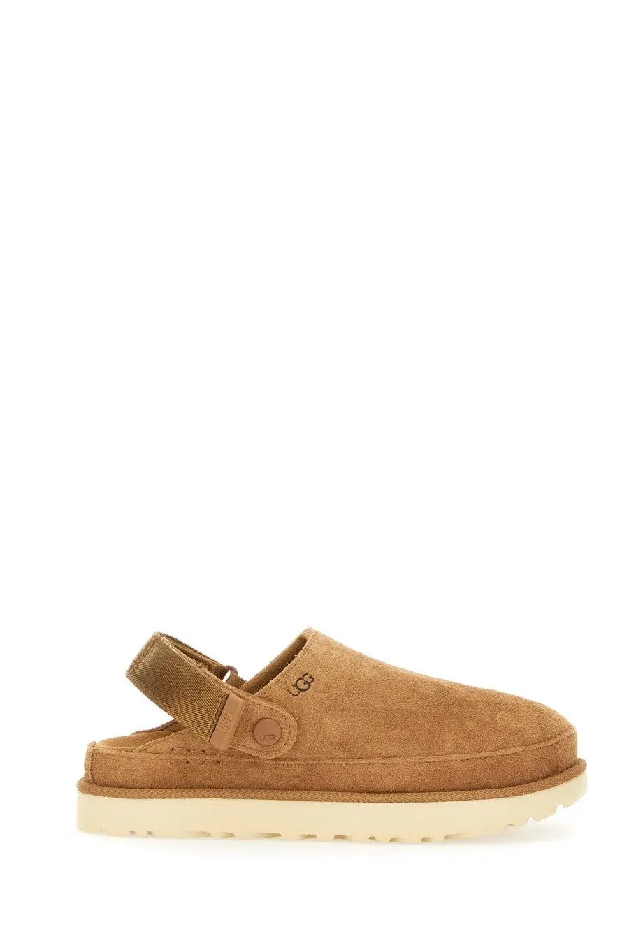 Ugg women’s goldenstar sabot brown tan suede clog with strap and cream rubber sole