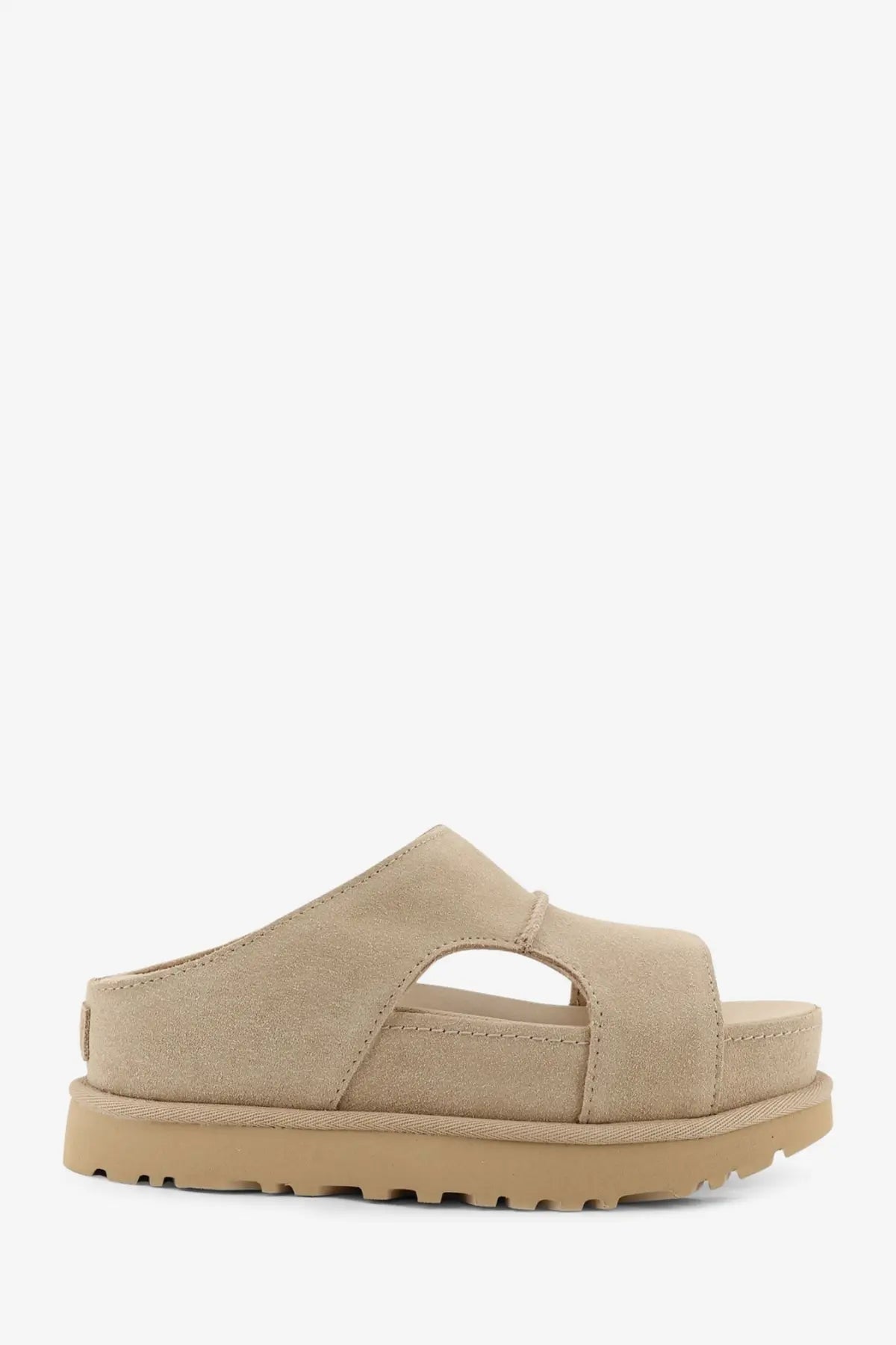 Ugg women’s goldenstar beige suede slide sandal with a chunky rubber sole perfect for casual wear